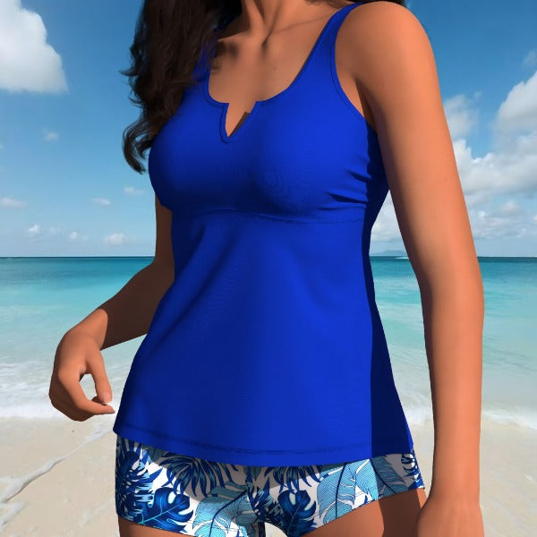 New Solid Bright Blue 2-Piece Tankini Swimwear, Notch Neck Tank Top And Marble Print Side Drawstring Boyshort Bottom