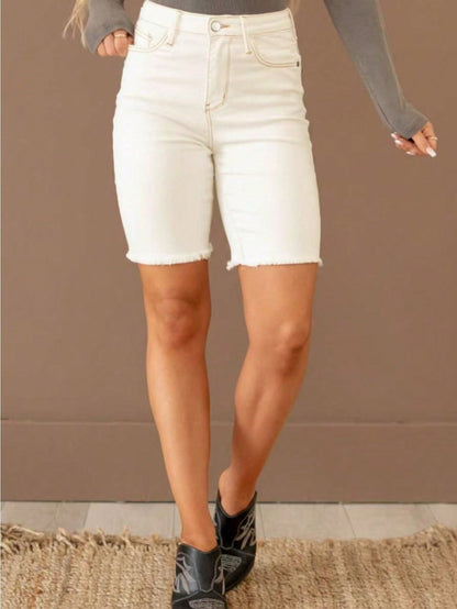 Women High Waist Frayed Hem Bermuda Denim Shorts, White Stretch Knee Length Jean Shorts With Pockets
