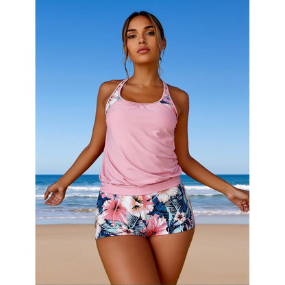 Women’s Halter Neck 2‑Piece Tankini Set, Pink Solid Top with Hibiscus Print Swim Shorts
