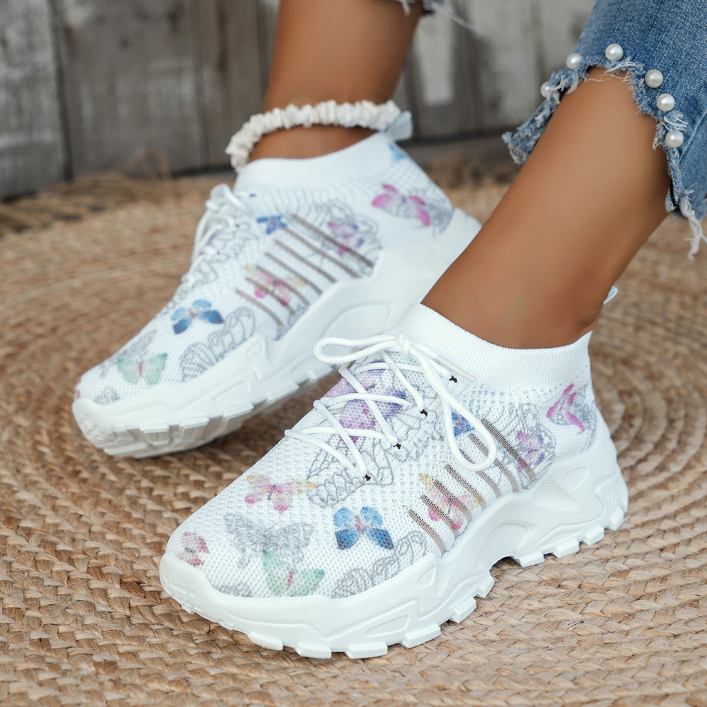 Butterfly print mesh sneakers women's flat heel casual shoes fashion running jogging walking sports shoes