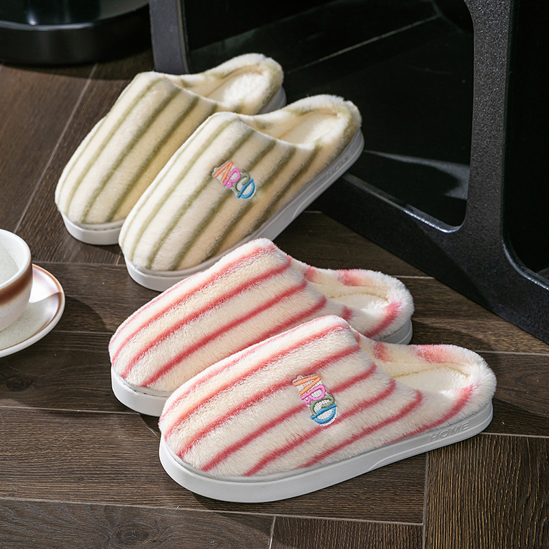 Ins Plush Striped Slippers Winter Warm Letter Embroidered Shoes Fashion Floor Bedroom Home Slippers Female Male Couple