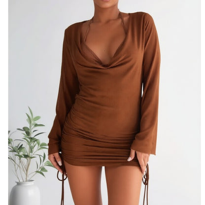 New Brown Sheer Mesh Cover-Up Dress, Cowl Neck Long Sleeve And Drawstring Ruched Hem