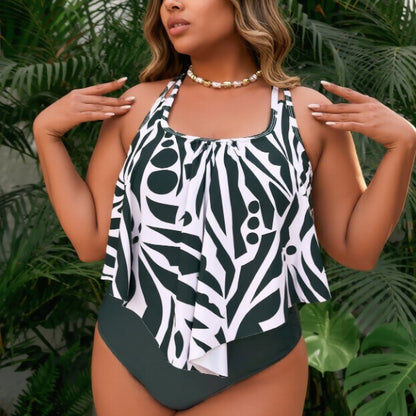 New Plus Size Green and White Abstract Print Flyaway Tankini Set