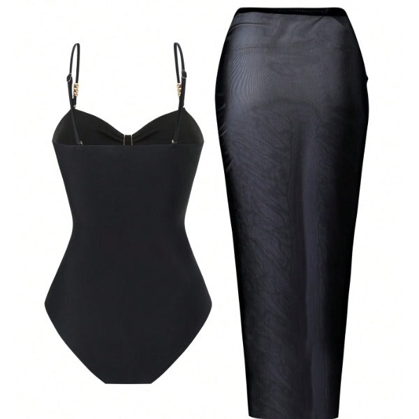 New Black 2-Piece Swimwear Set, Gold Detail Cutout One-Piece Swimsuit And Mesh Wrap Skirt
