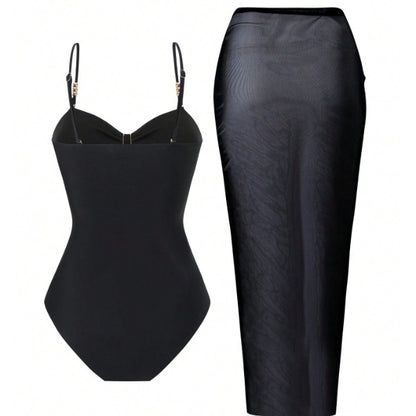 New Black 2-Piece Swimwear Set, Gold Detail Cutout One-Piece Swimsuit And Mesh Wrap Skirt