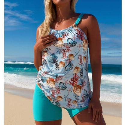 Women's two-piece swimsuit set - round neck, seashell print, fresh & minimalist casual bikini