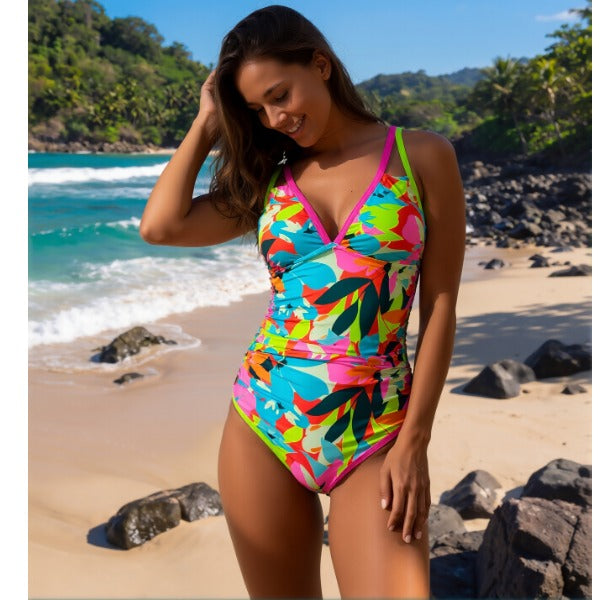New Tropical Vibrant Floral One-Piece Swimsuit Women's Deep V Double Strap Ruched High-Waisted Bathing Suit for Beach Vacation, Vibrant & Eye-Catching