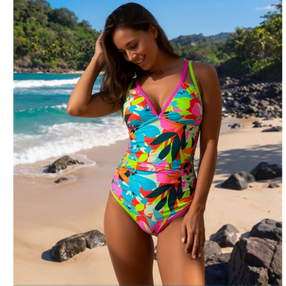 New Tropical Vibrant Floral One-Piece Swimsuit Women's Deep V Double Strap Ruched High-Waisted Bathing Suit for Beach Vacation, Vibrant & Eye-Catching