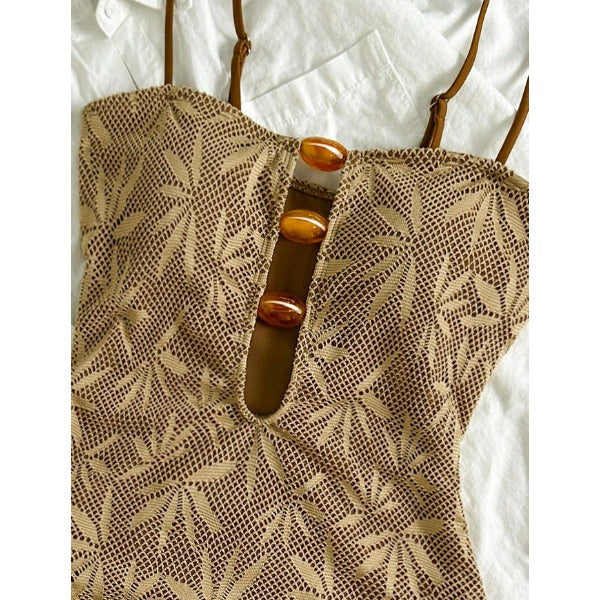 New Leaf Crochet Mesh One-Piece Swimsuit With Wooden Button Cutout Front