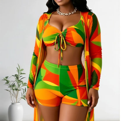 New Abstract Color Block 3-Piece Swimwear Set, Drawstring Bikini Top, High Waist Swim Shorts And Long Sleeve Kimono Cover Up