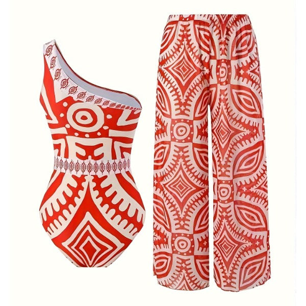 New Red Tribal Geometric Print 2-Piece Swimwear Set, One Shoulder One-Piece Swimsuit And Matching Wide Leg Cover Up Pants