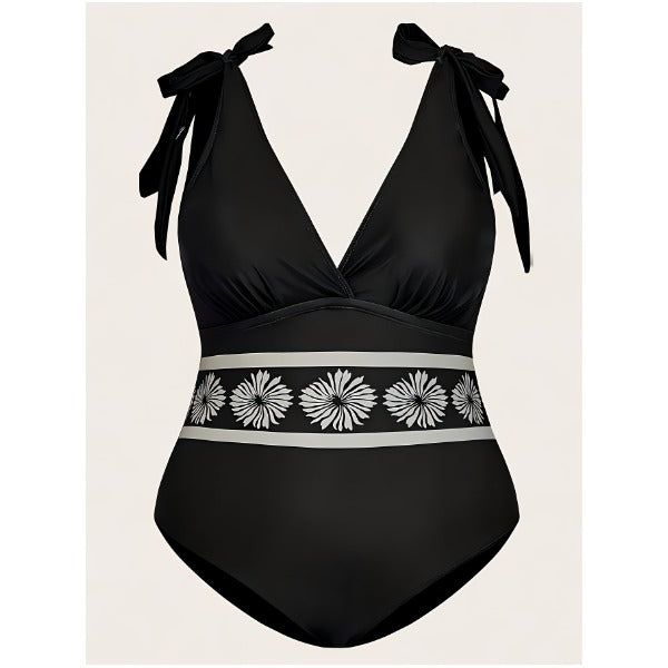 New Plus Size Black Floral 2-Piece Swimwear Set, Tie Shoulder V Neck One Piece Swimsuit And Wrap Midi Sarong Cover Up Skirt