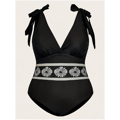 New Plus Size Black Floral 2-Piece Swimwear Set, Tie Shoulder V Neck One Piece Swimsuit And Wrap Midi Sarong Cover Up Skirt
