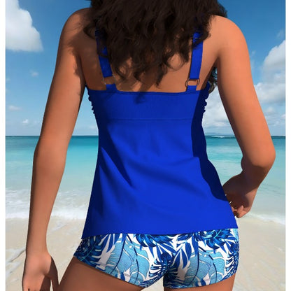 New Solid Bright Blue 2-Piece Tankini Swimwear, Notch Neck Tank Top And Marble Print Side Drawstring Boyshort Bottom