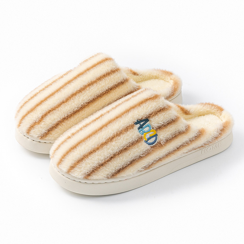 Ins Plush Striped Slippers Winter Warm Letter Embroidered Shoes Fashion Floor Bedroom Home Slippers Female Male Couple