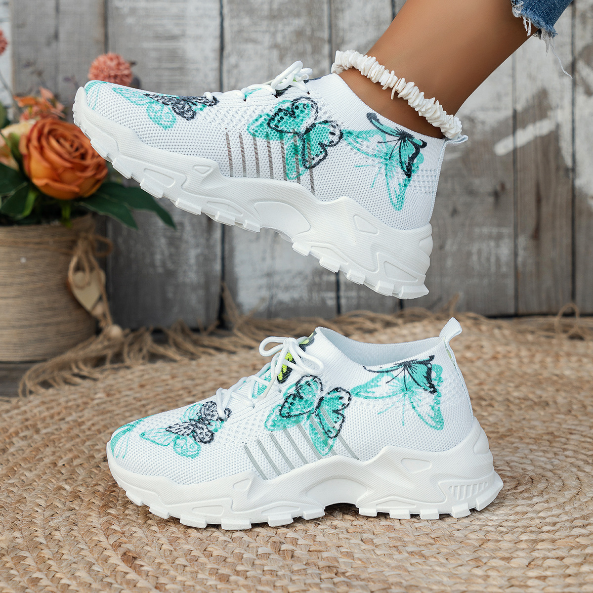 Butterfly print mesh sneakers women's flat heel casual shoes fashion running jogging walking sports shoes