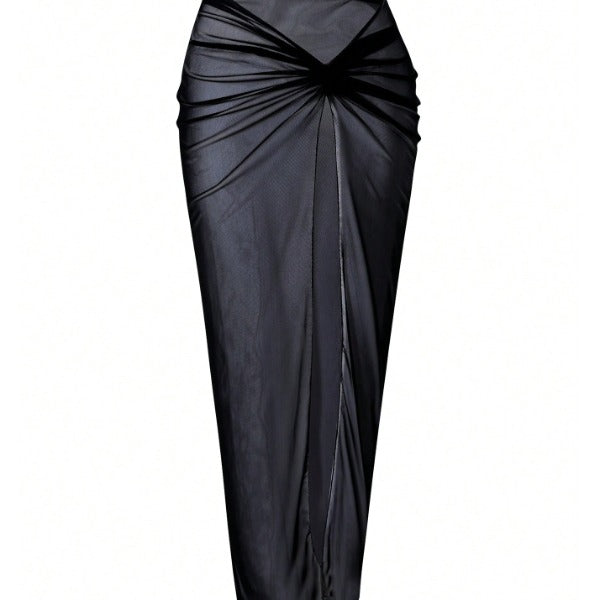 New Black 2-Piece Swimwear Set, Gold Detail Cutout One-Piece Swimsuit And Mesh Wrap Skirt
