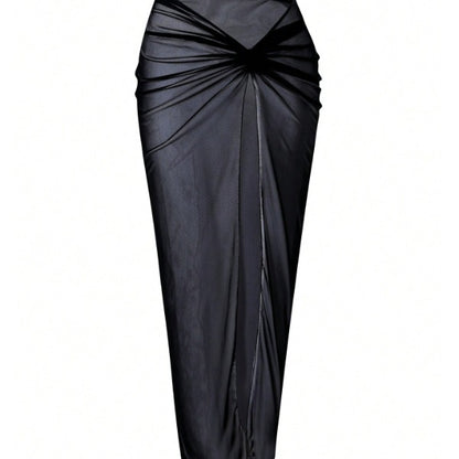 New Black 2-Piece Swimwear Set, Gold Detail Cutout One-Piece Swimsuit And Mesh Wrap Skirt