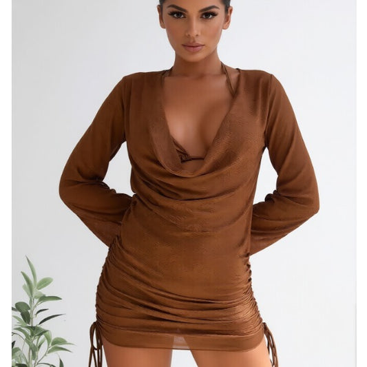 New Brown Sheer Mesh Cover-Up Dress, Cowl Neck Long Sleeve And Drawstring Ruched Hem