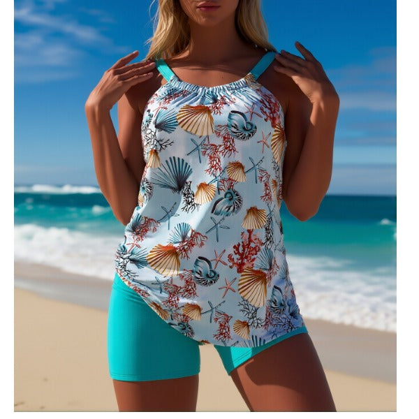 Women's two-piece swimsuit set - round neck, seashell print, fresh & minimalist casual bikini