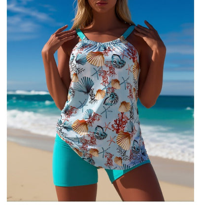Women's two-piece swimsuit set - round neck, seashell print, fresh & minimalist casual bikini