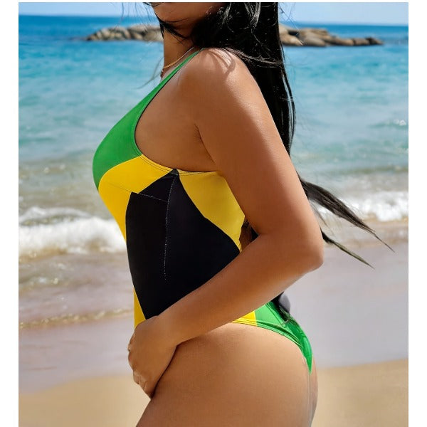 Green Color Block One-Piece Swimsuit – Sexy High-End Poolside Swimwear