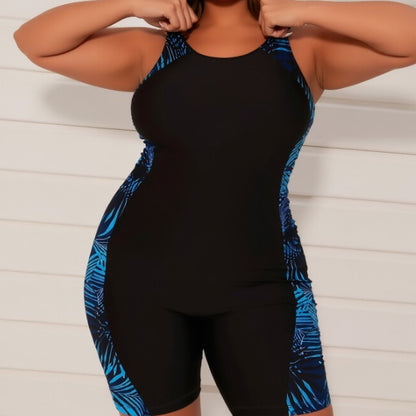 One-piece plus size black swimsuit, slimming and flattering, casual sporty beach vacation swimwear for women.