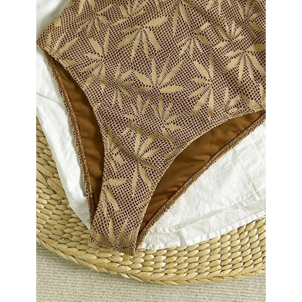 New Leaf Crochet Mesh One-Piece Swimsuit With Wooden Button Cutout Front