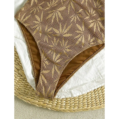 New Leaf Crochet Mesh One-Piece Swimsuit With Wooden Button Cutout Front