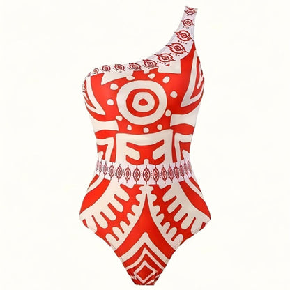New Red Tribal Geometric Print 2-Piece Swimwear Set, One Shoulder One-Piece Swimsuit And Matching Wide Leg Cover Up Pants