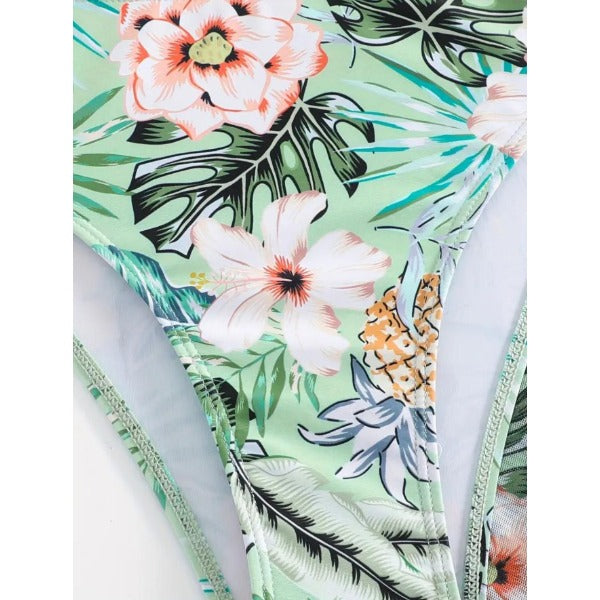 New Tropical Pineapple Floral 3-Piece Bikini Set, Wrap Tie Back Push Up Top, Matching High Cut Bottom And Wide Leg Beach Pants