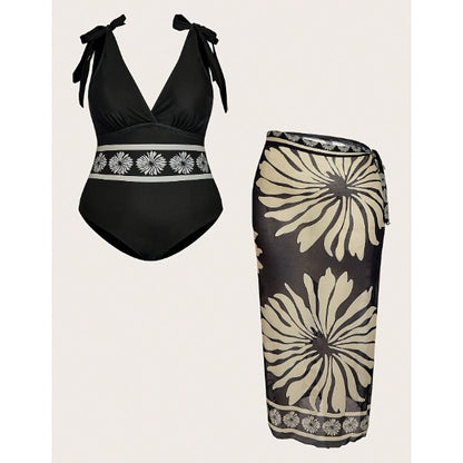 New Plus Size Black Floral 2-Piece Swimwear Set, Tie Shoulder V Neck One Piece Swimsuit And Wrap Midi Sarong Cover Up Skirt