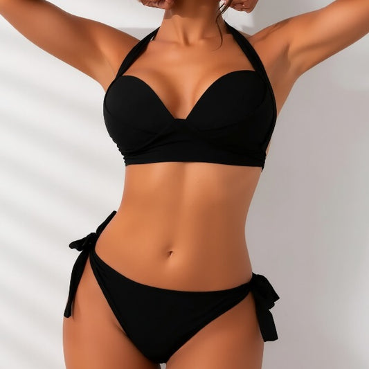 New Black Underwire Push Up Halter Bikini Set, Twist Front Top And Side Tie Bottom