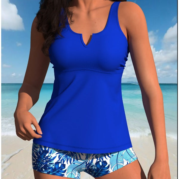 New Solid Bright Blue 2-Piece Tankini Swimwear, Notch Neck Tank Top And Marble Print Side Drawstring Boyshort Bottom
