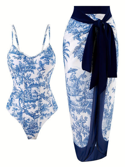 Women's Two-Piece Beach Set - Vintage Elegant Printed Swimwear, Vacation Sun-Protective Swimsuit for Women