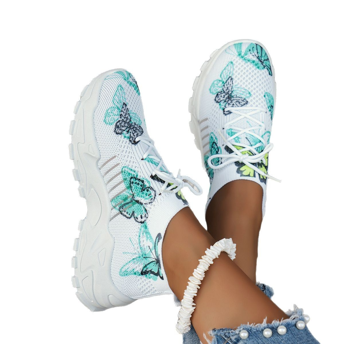 Butterfly print mesh sneakers women's flat heel casual shoes fashion running jogging walking sports shoes