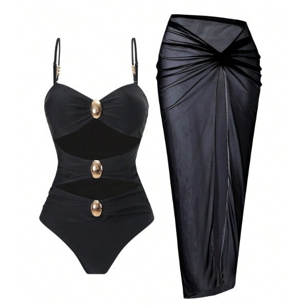 New Black 2-Piece Swimwear Set, Gold Detail Cutout One-Piece Swimsuit And Mesh Wrap Skirt