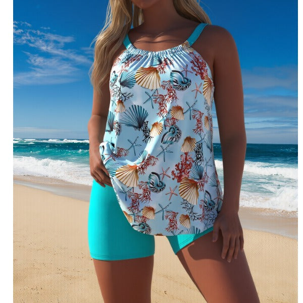 Women's two-piece swimsuit set - round neck, seashell print, fresh & minimalist casual bikini