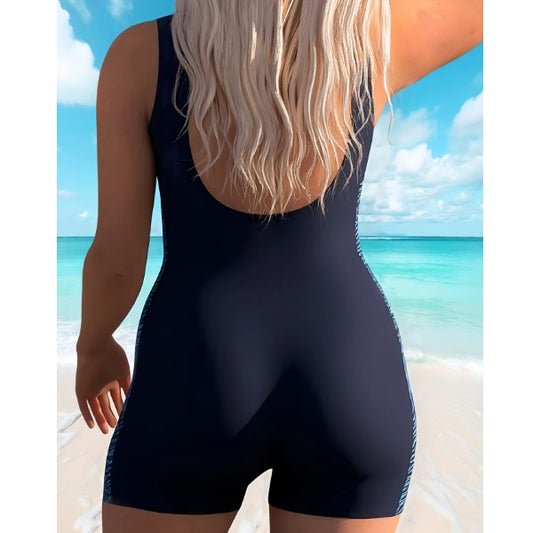 One-piece plus size black swimsuit, slimming and flattering, casual sporty beach vacation swimwear for women.