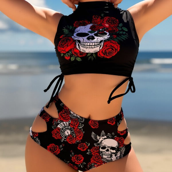 New women's bikini two-piece set: european and american fashion, sexy black skull print, hollow-out triangle bottoms, beachwear swimsuit