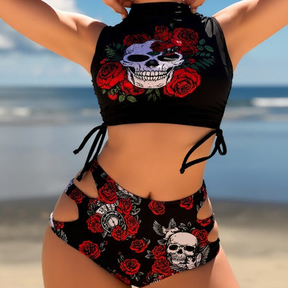 New women's bikini two-piece set: european and american fashion, sexy black skull print, hollow-out triangle bottoms, beachwear swimsuit