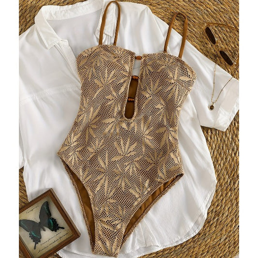 New Leaf Crochet Mesh One-Piece Swimsuit With Wooden Button Cutout Front