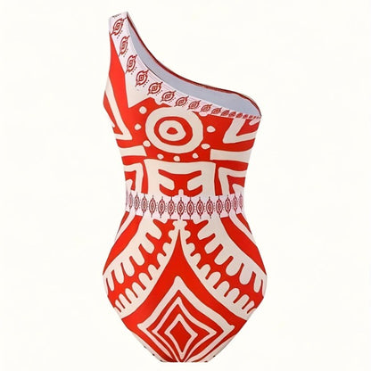 New Red Tribal Geometric Print 2-Piece Swimwear Set, One Shoulder One-Piece Swimsuit And Matching Wide Leg Cover Up Pants