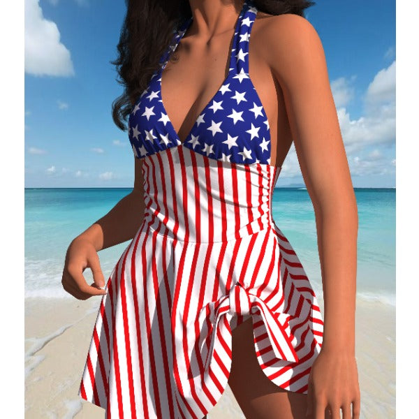 New American Flag Print Halter One Piece Skirted Swimsuit, Side Ruched Ruffle Hem Swim Dress