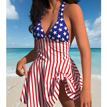 New American Flag Print Halter One Piece Skirted Swimsuit, Side Ruched Ruffle Hem Swim Dress