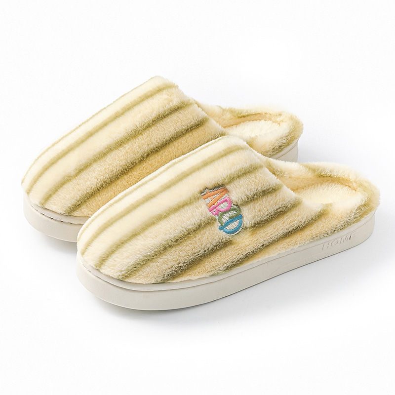Ins Plush Striped Slippers Winter Warm Letter Embroidered Shoes Fashion Floor Bedroom Home Slippers Female Male Couple