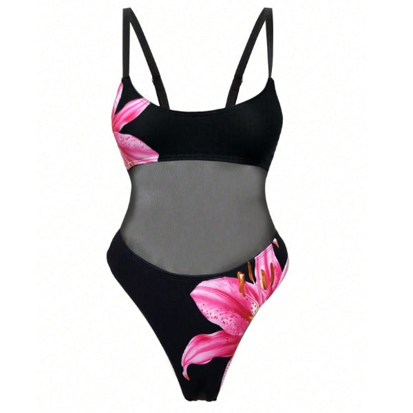 New Pink Lily Print One-Piece Swimsuit With Mesh Waist