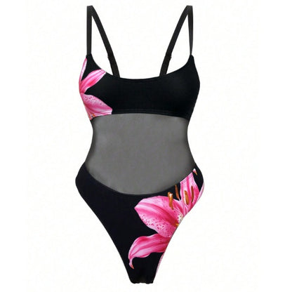 New Pink Lily Print One-Piece Swimsuit With Mesh Waist
