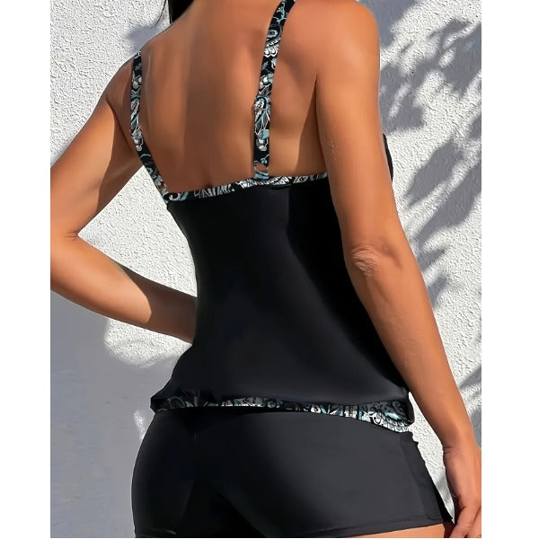 New women's tankini two-piece set - solid black bohemian print conservative shorts beachwear swimsuit
