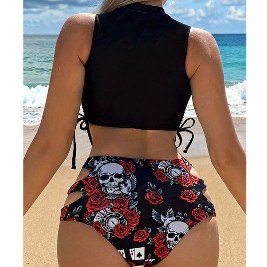 New women's bikini two-piece set: european and american fashion, sexy black skull print, hollow-out triangle bottoms, beachwear swimsuit